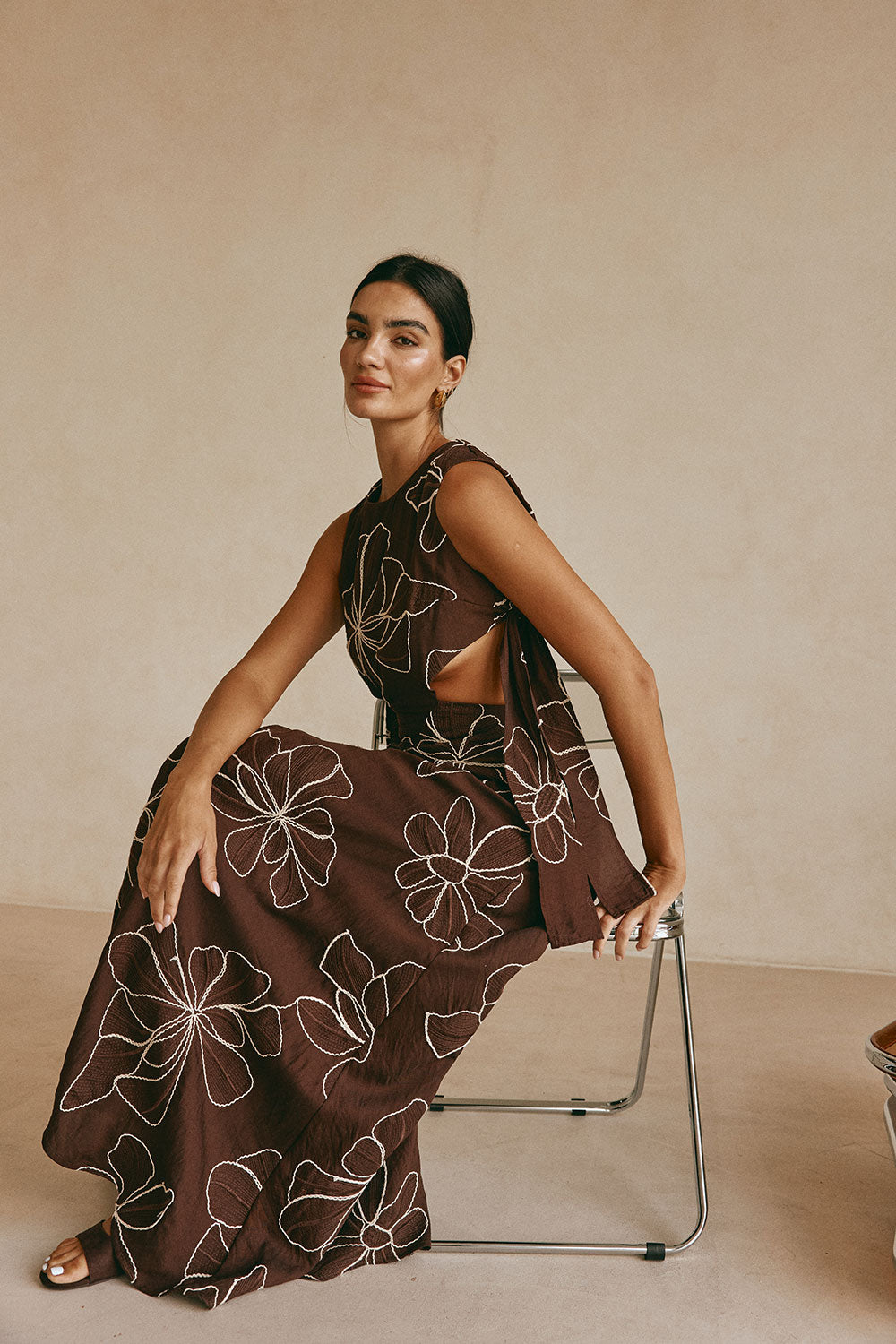brown dress with white flowers Tantra Spain Sl Long Ginkgo Flower Print Dress
