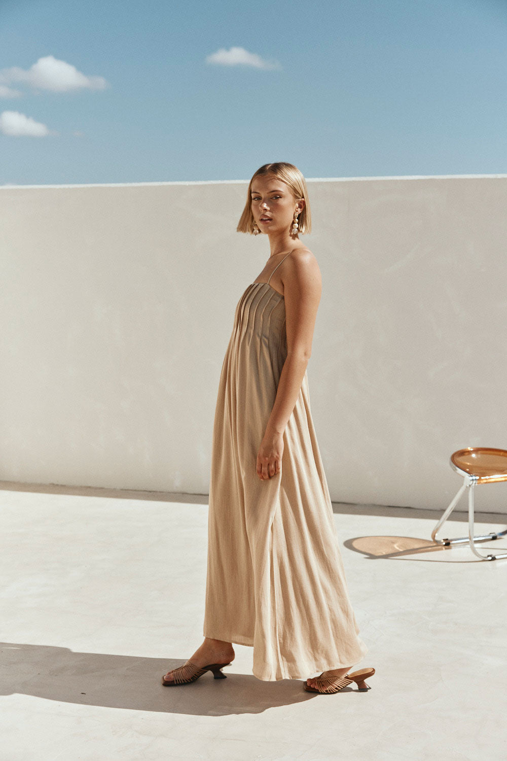Tan Pin Tuck Pleat Maxi Ada Dress L