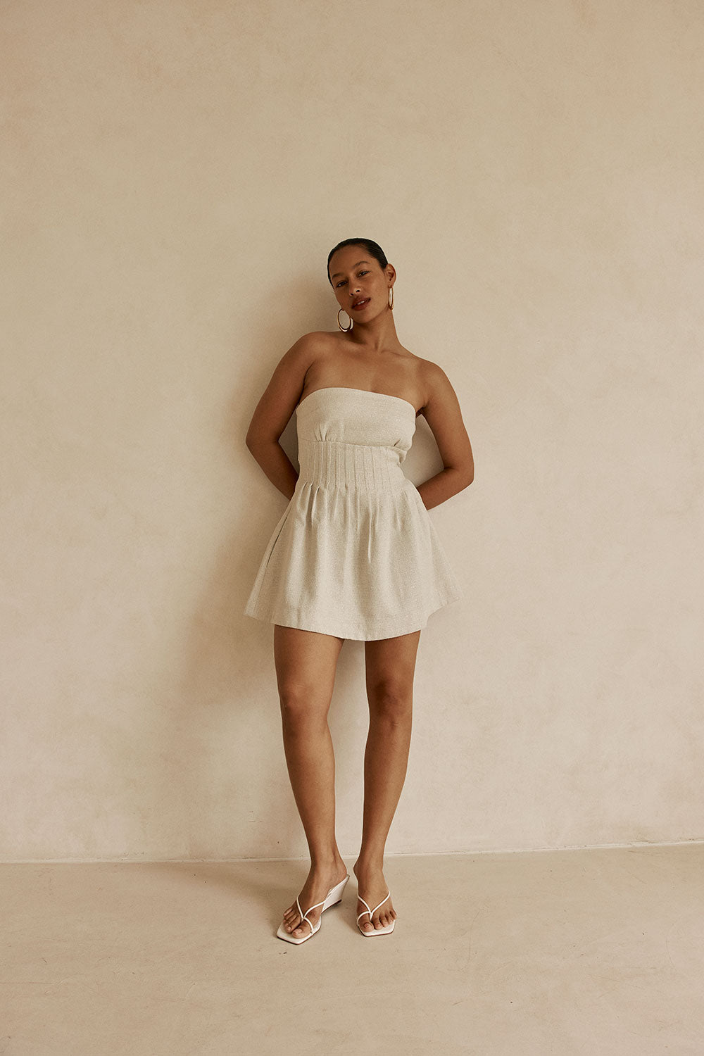 Beige Strapless Pin Tick Mini Tabi Dress – SABO