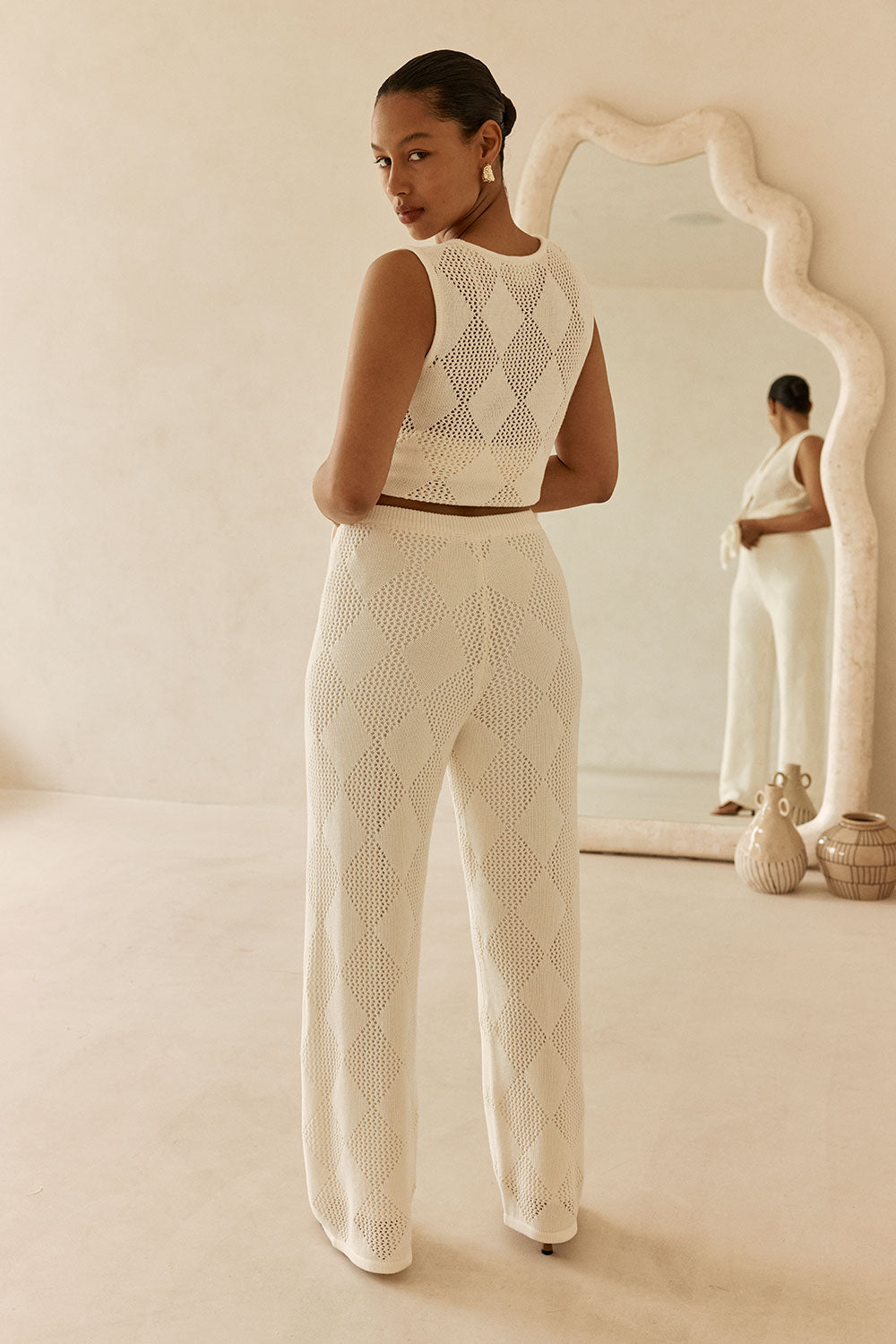 パンツ LGB BOXER SARRUEL-2 WHITE SNAKE Cream Knit Elastic High Waist Blanca Pants – SABO
