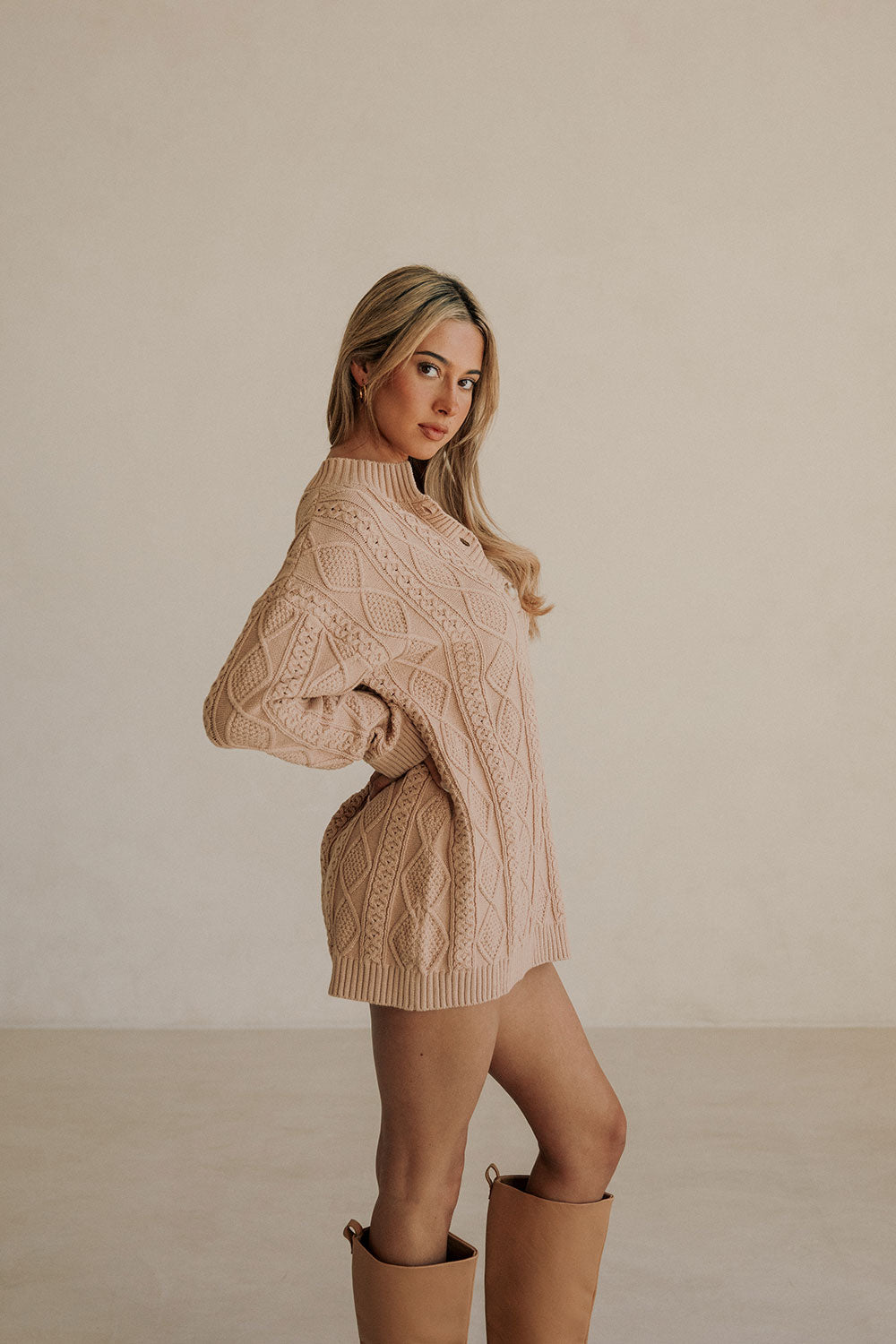 Tan Knit Long Sleeve Collar Mini Kaylan Dress M | by SABO Tan Knit Long Sleeve Collar Mini Kaylan Dress M | by SABO