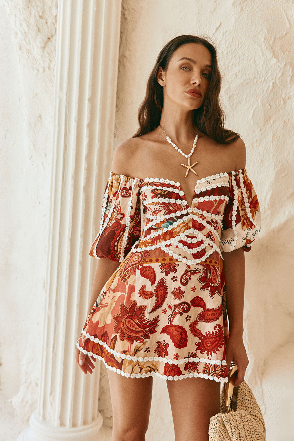 Red Floral Barocca Print Off Shoulder Mini Issa Dress L | by ZACO Red Floral Barocca Print Off Shoulder Mini Issa Dress L | by ZACO