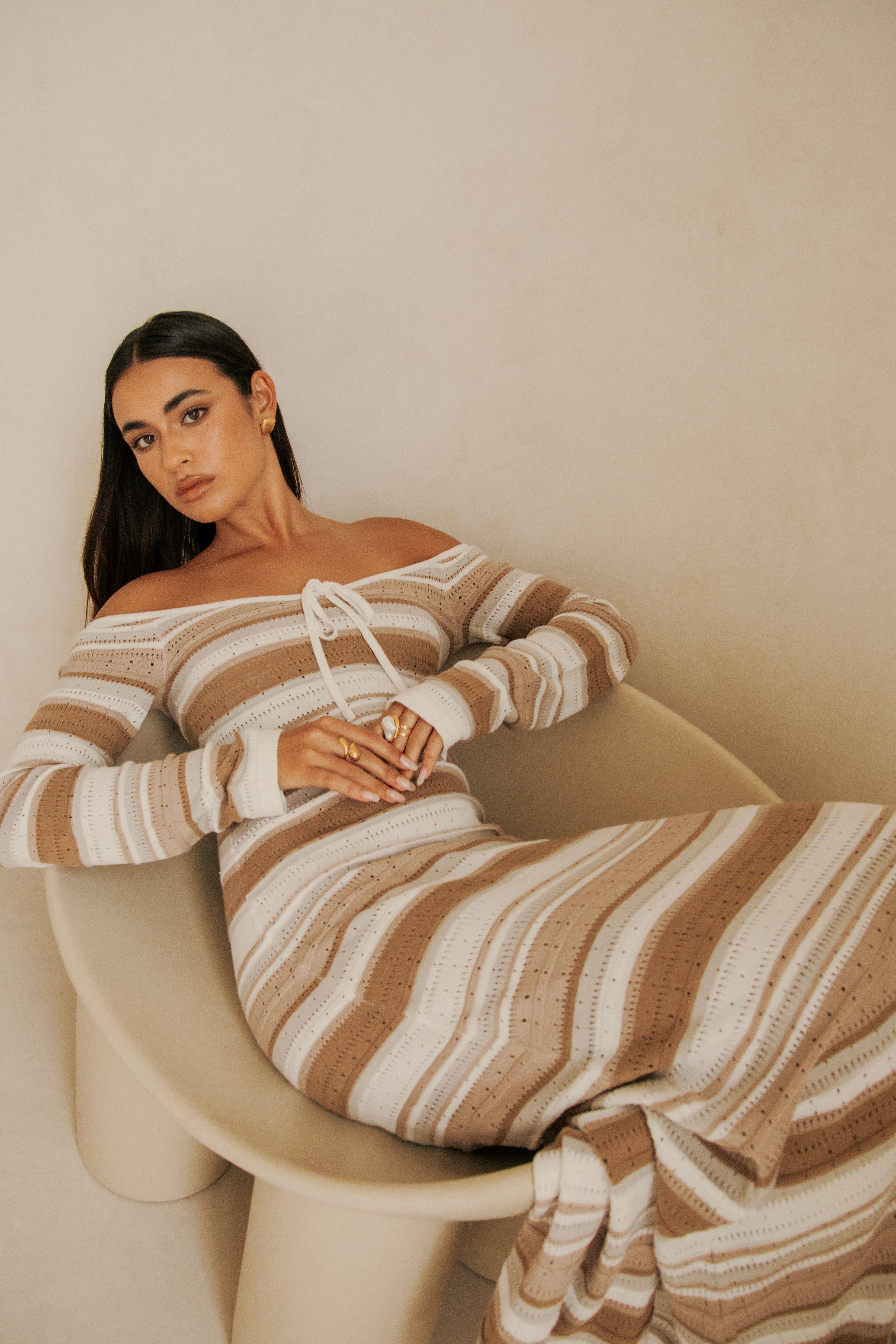 Tameeka Knit Maxi Dress - Stripe White Brown Grey – SABO