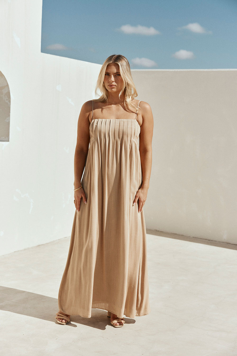 Tan Pin Tuck Pleat Maxi Ada Dress – SABO