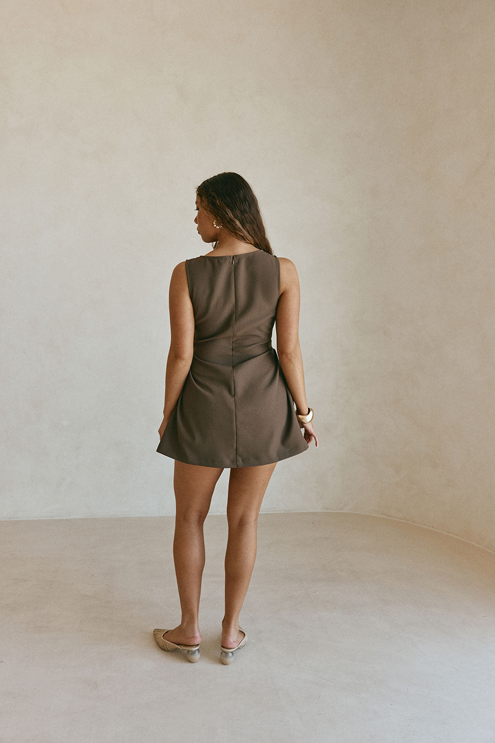 Chocolate Brown Gathered Mini Camellia Dress SABO Chocolate Brown Gathered Mini Camellia Dress SABO
