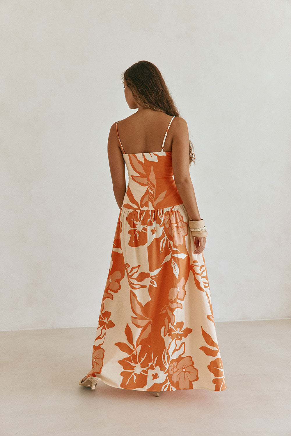 Orange Sunset Botanica Floral Print Linen Maxi Samia Dress – SABO