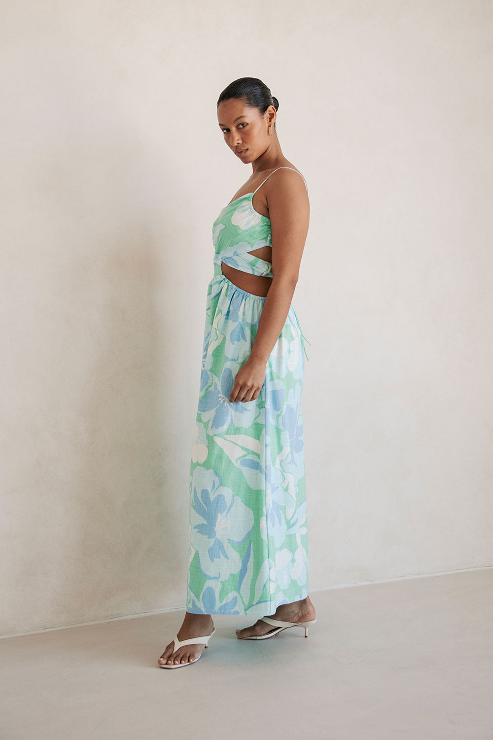 Iris Cutout Midi Dress - Spring Petals Blue Green White XS Iris Cutout Midi Dress - Spring Petals Blue Green White XS