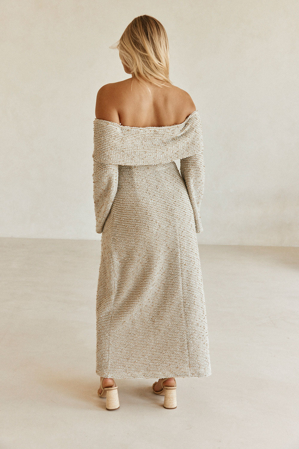 Tan Boucle Off Shoulder Maxi Poppy Dress – SABO