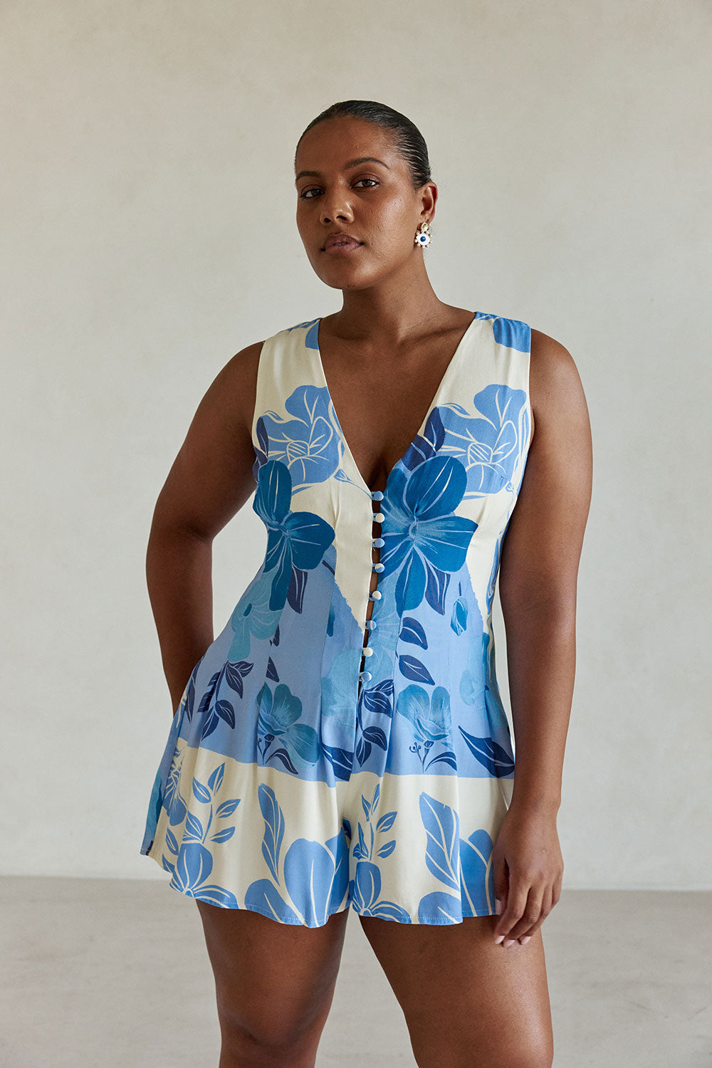Blue Azure Bloom Print V Neck Button Jade Playsuit – SABO