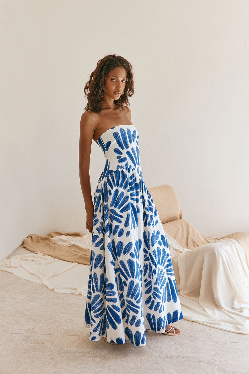 Blue Brush Petal Print Strapless Maxi Mila Dress XXS