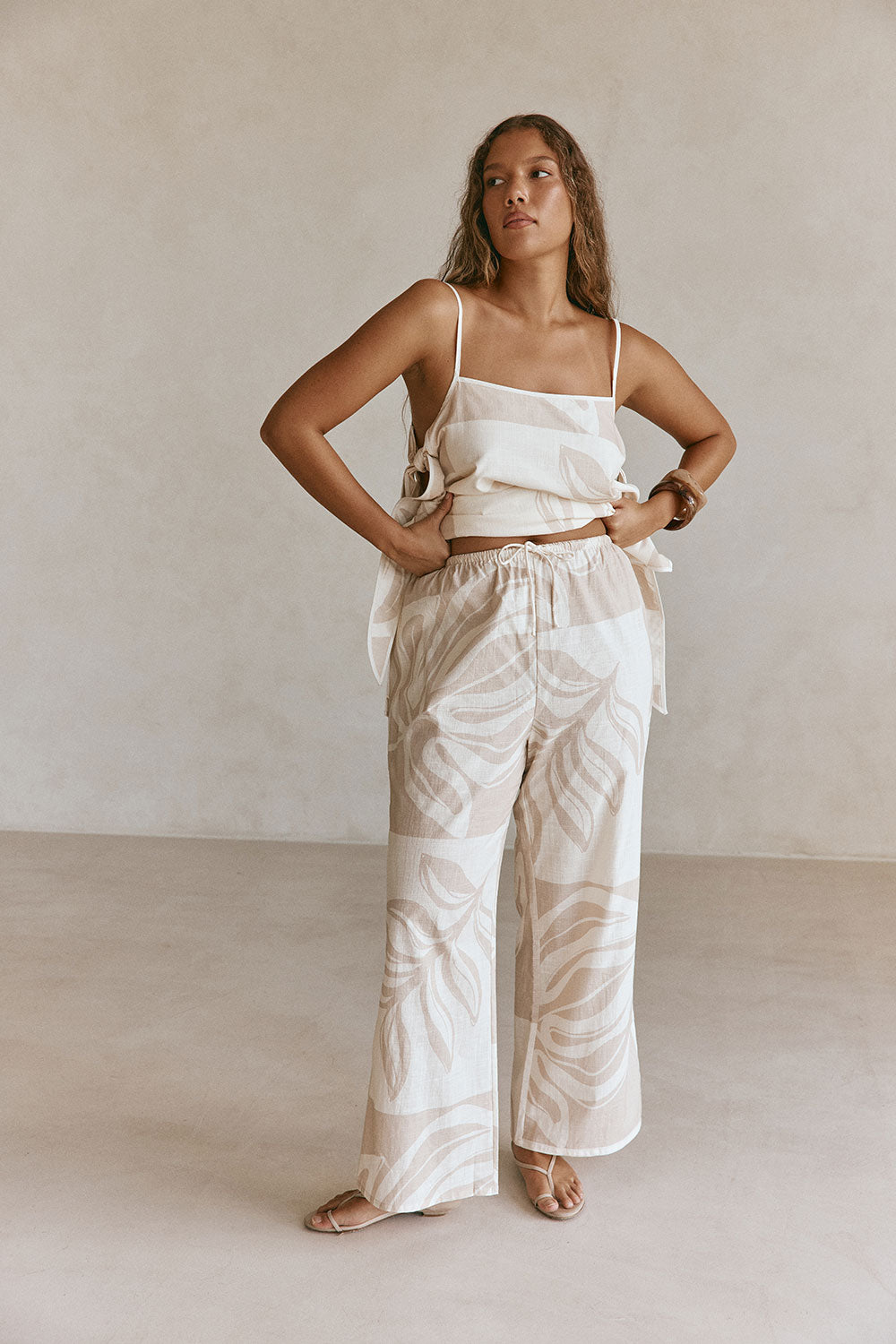 Beige Terra Forme Print Elastic Drawstring Chiara Pants – SABO