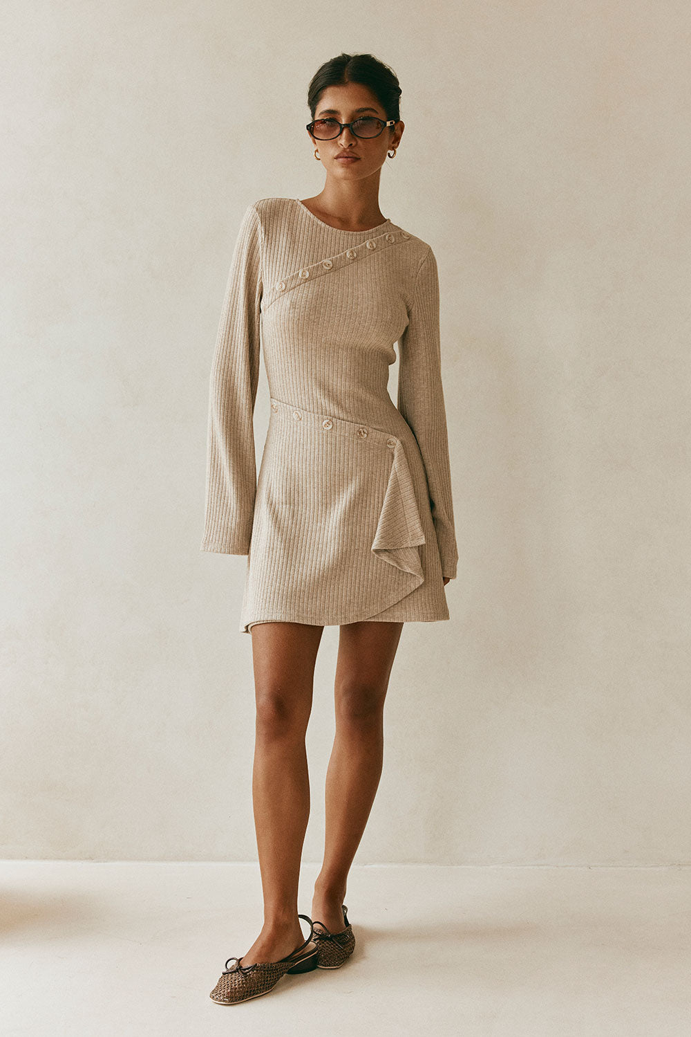 Tan Ribbed Long Sleeve Button Mini Alexia Dress L | by Sabo Tan Ribbed Long Sleeve Button Mini Alexia Dress L | by Sabo