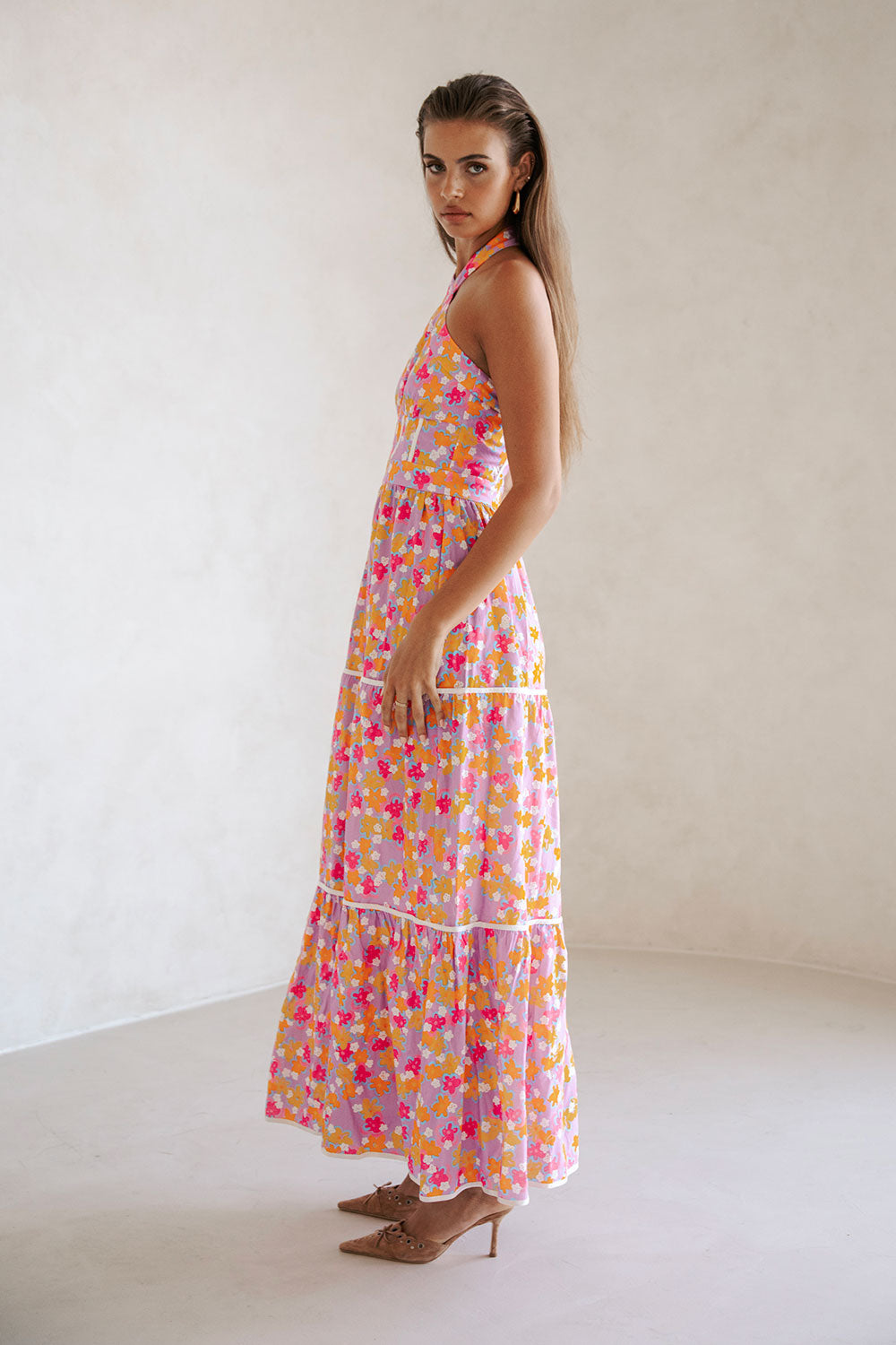 True Halterneck Maxi Dress - Dulcie Daisy Purple Orange Pink