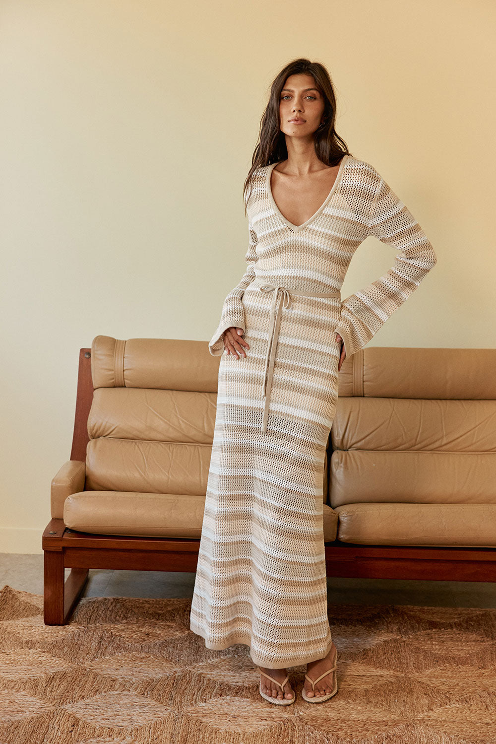 Cream Natural Knit Stripe Long Sleeve Maxi Mirelle Dress – SABO