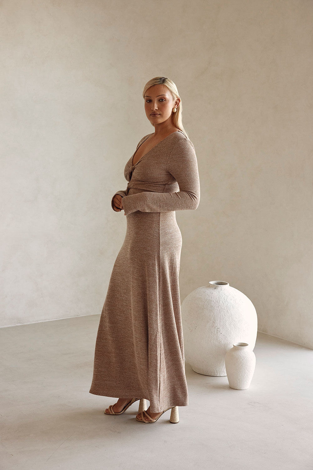 Tan Long Sleeve Cut Out V Neck Maxi Belora Dress XXS