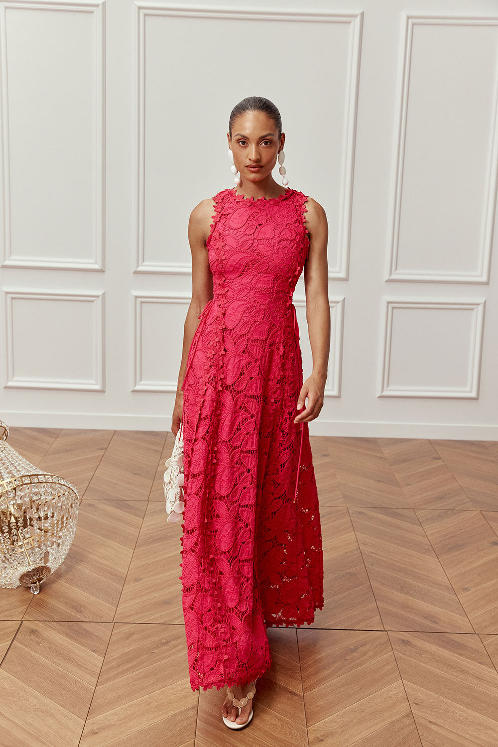 Pink Cutwork Floral Boat Maxi Alize Dress XS