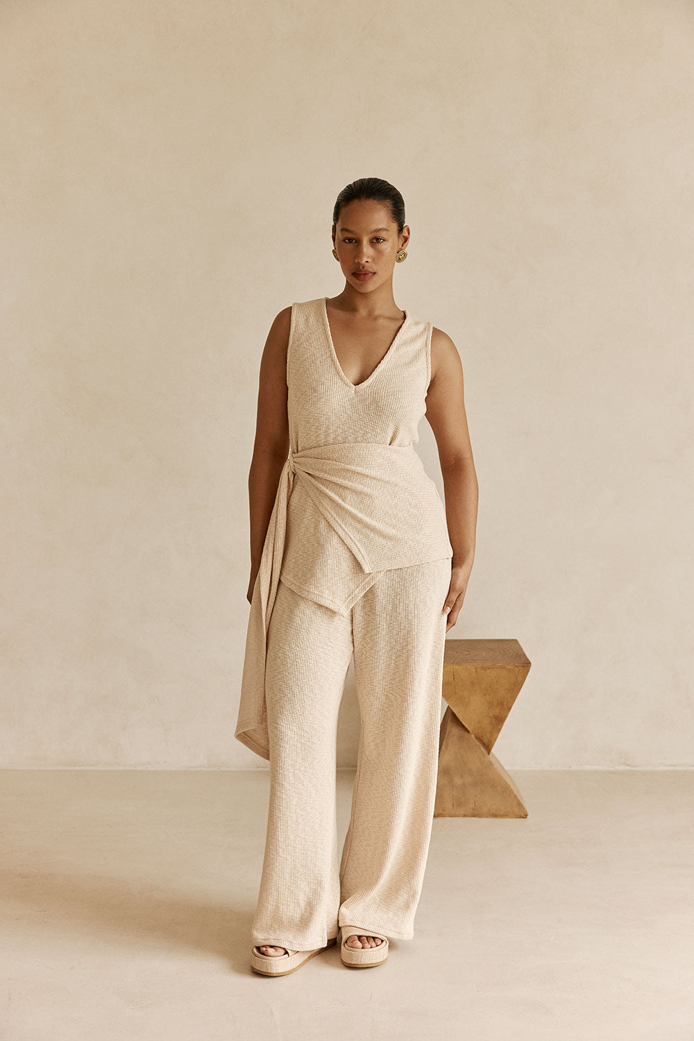 Beige Ribbed V-Neck Wrap Liora Top – SABO Beige Ribbed V-Neck Wrap Liora Top – SABO