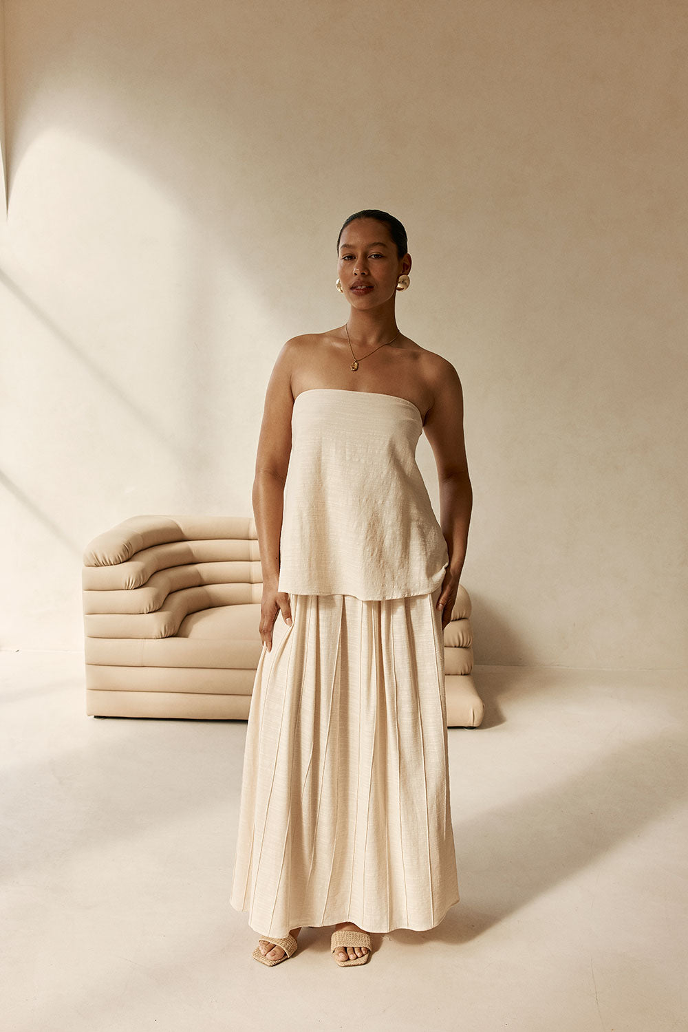 Beige Boxy Pleated Maxi Aviana Dress – SABO