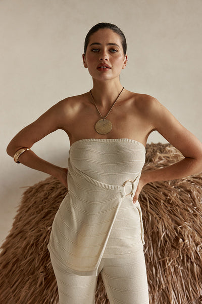 Beige Knit Strapless Wrap Shoni Top – SABO