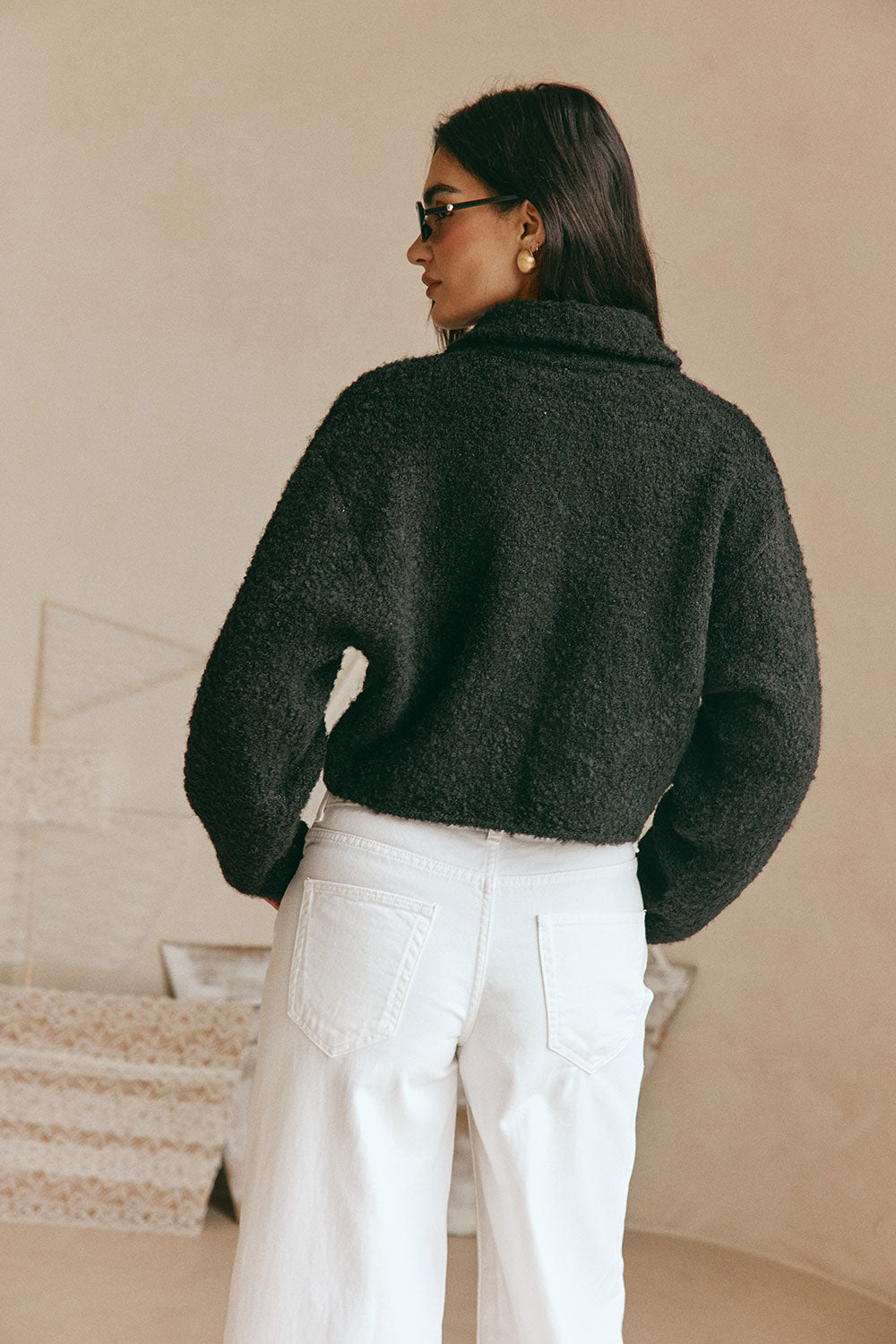 Black Fluffy Knit Cropped Button Addison Cardi – SABO