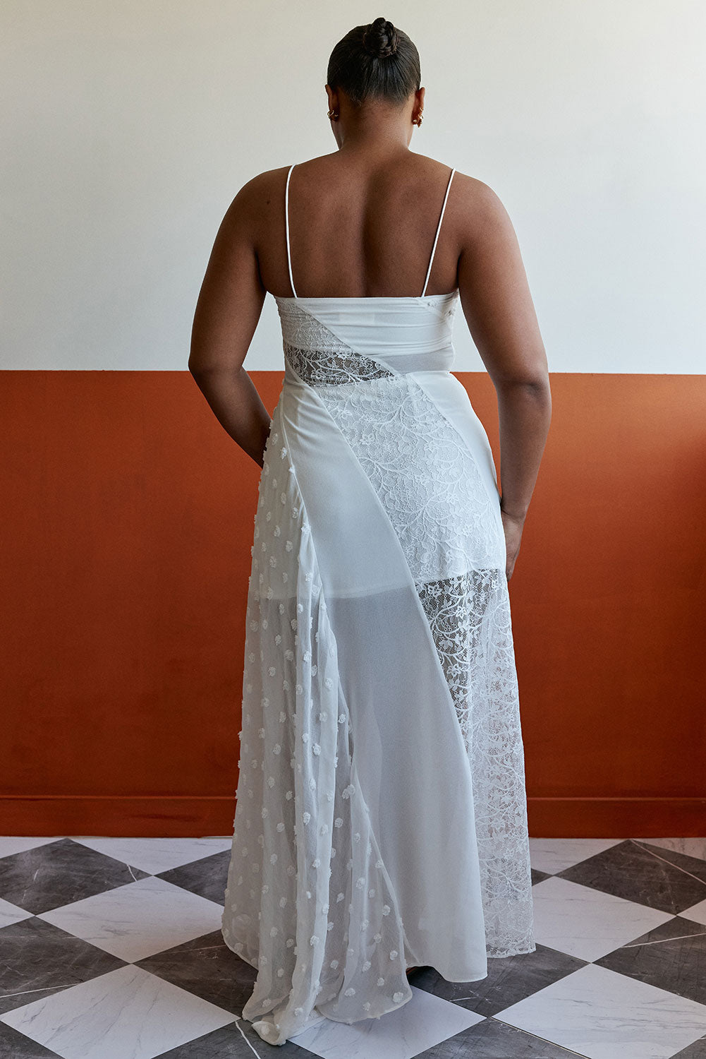sheer white lace dress Bridal White Sheer Lace Flared Maxi Dune Dress L