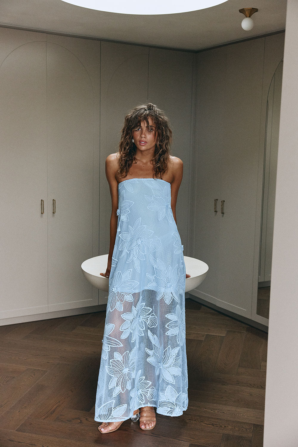 Powder Blue Floral Lace Strapless Maxi Cellar Dress – SABO