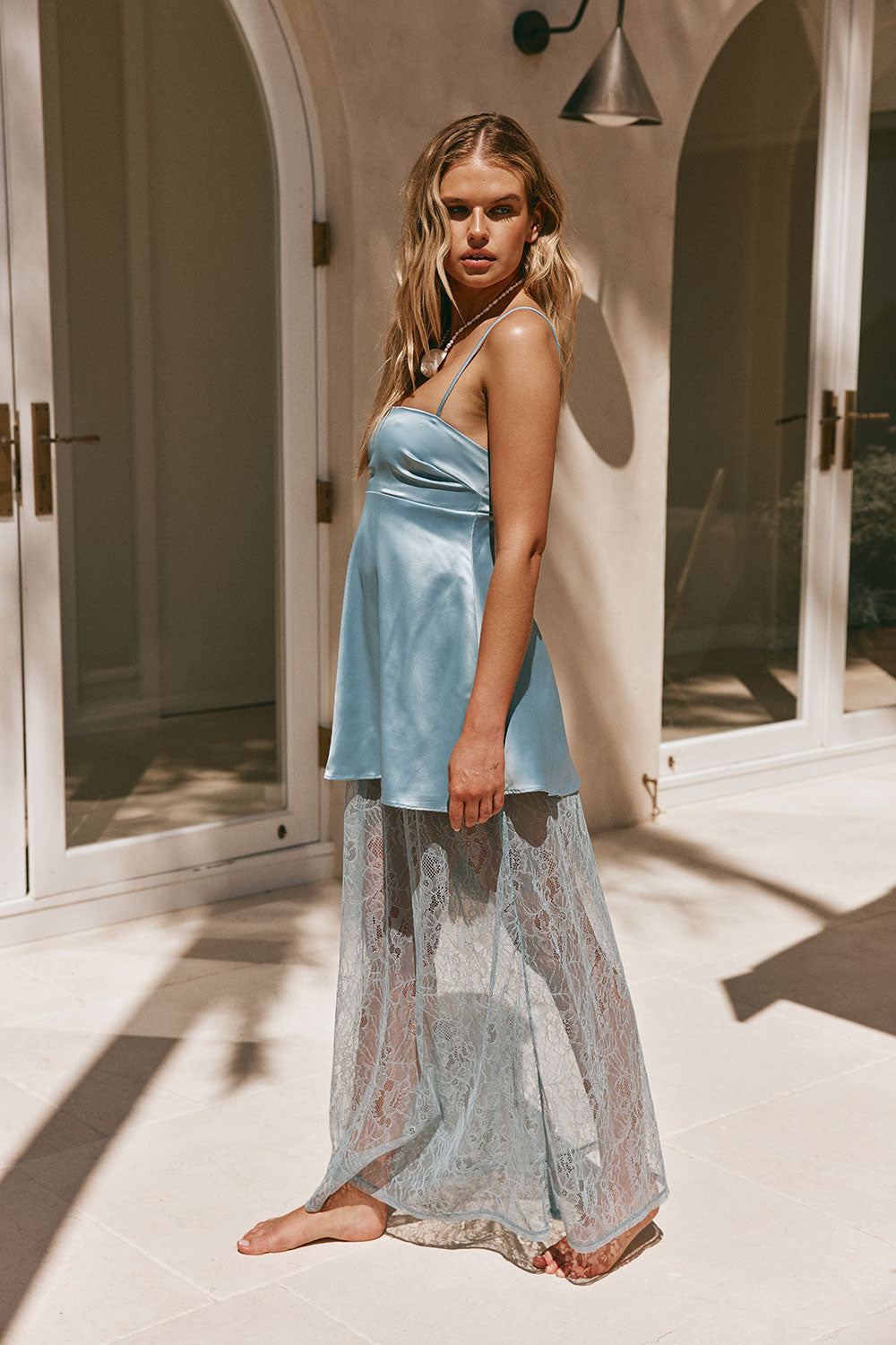 Baby Blue Silky Lace Maxi Dove Dress XXS