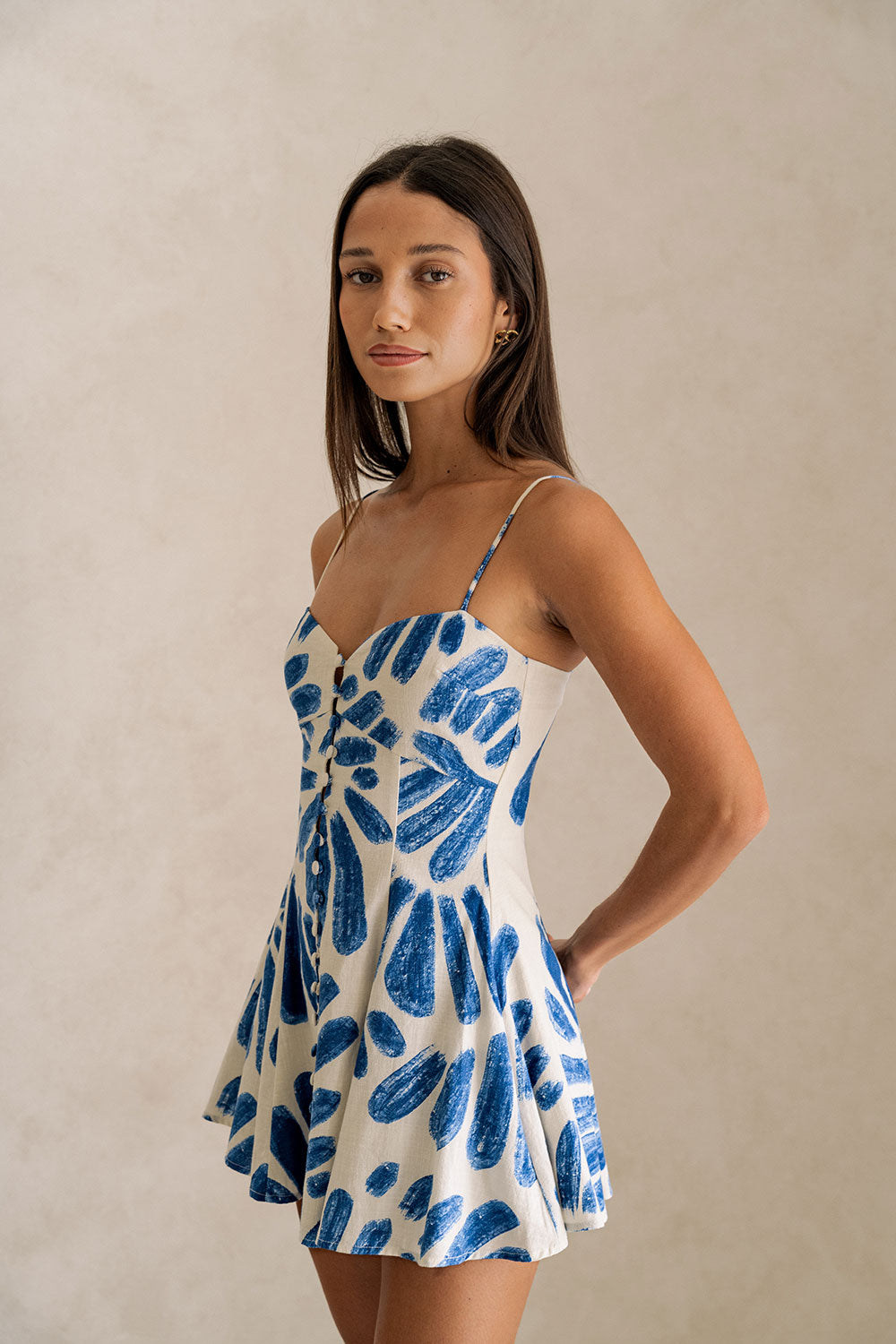 Blue Brush Petal Print Button Mini Reese Dress L | by SABO Blue Brush Petal Print Button Mini Reese Dress L | by SABO