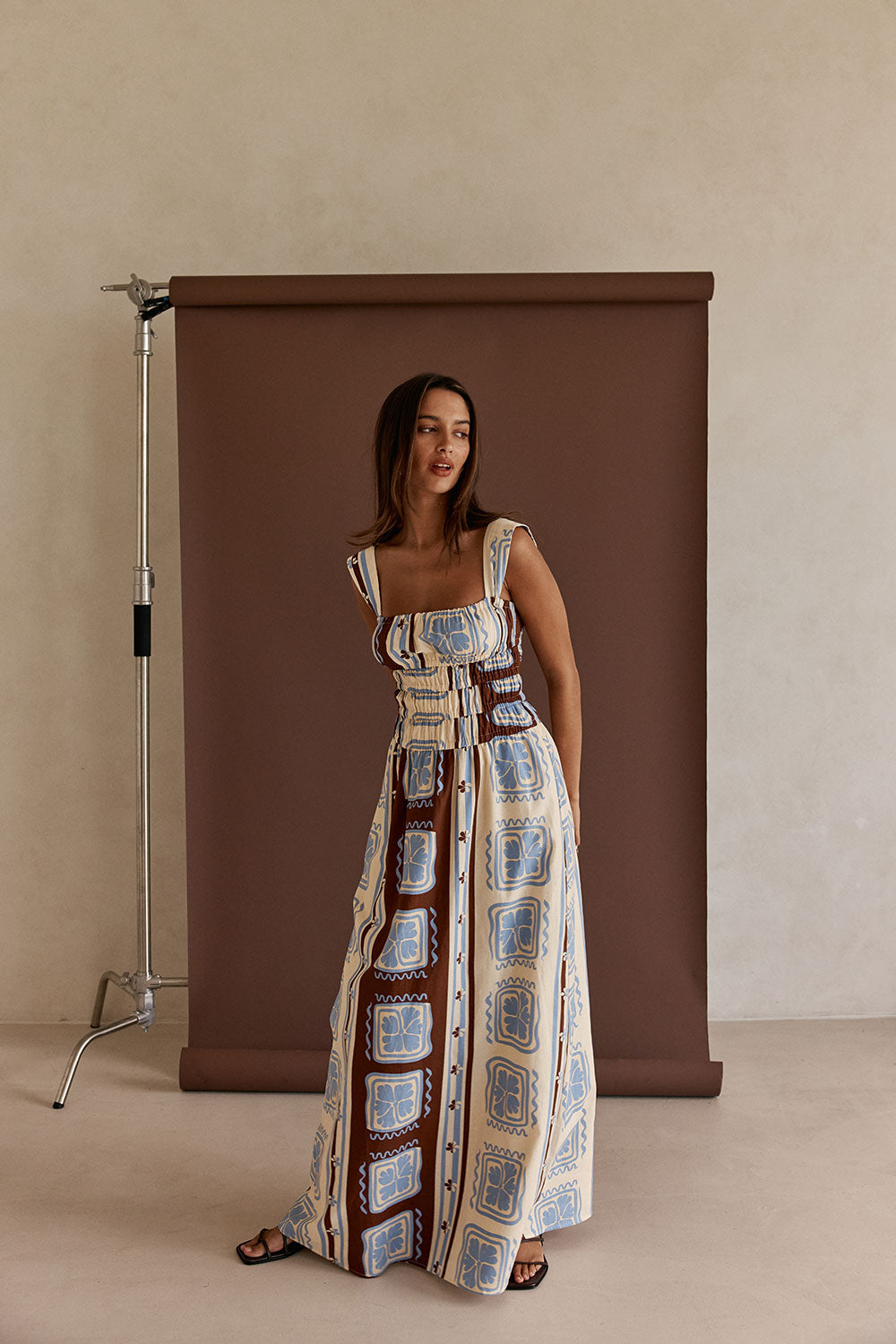 Blue Solance Print Ruched Maxi Azra Dress – SABO