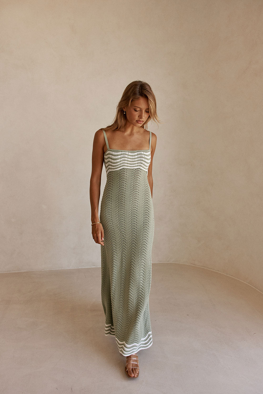 Khaki Green Wavy Knit Maxi Cielo Dress XXXL