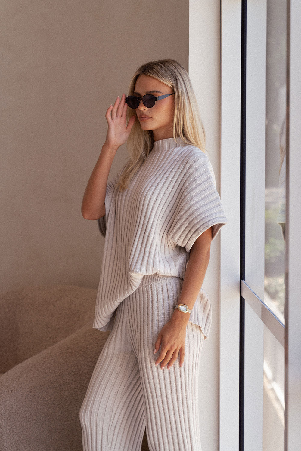 Beige Sand Ribbed Knit Celine Pants – SABO