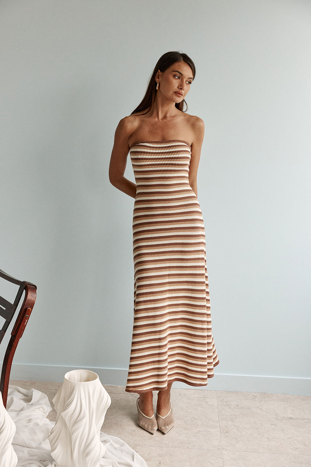 Earth Brown Stripe Strapless Maxi Bodycon Anya Dress XL