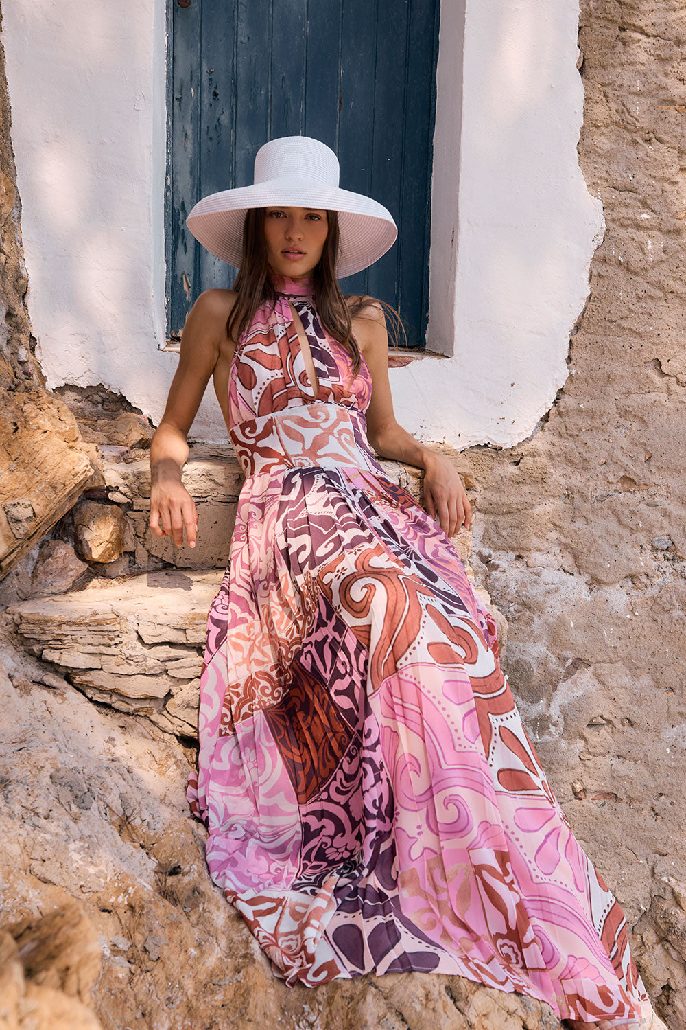 Pink Mosaica Print Halter Backless Maxi Margot Pleated Dress – SABO