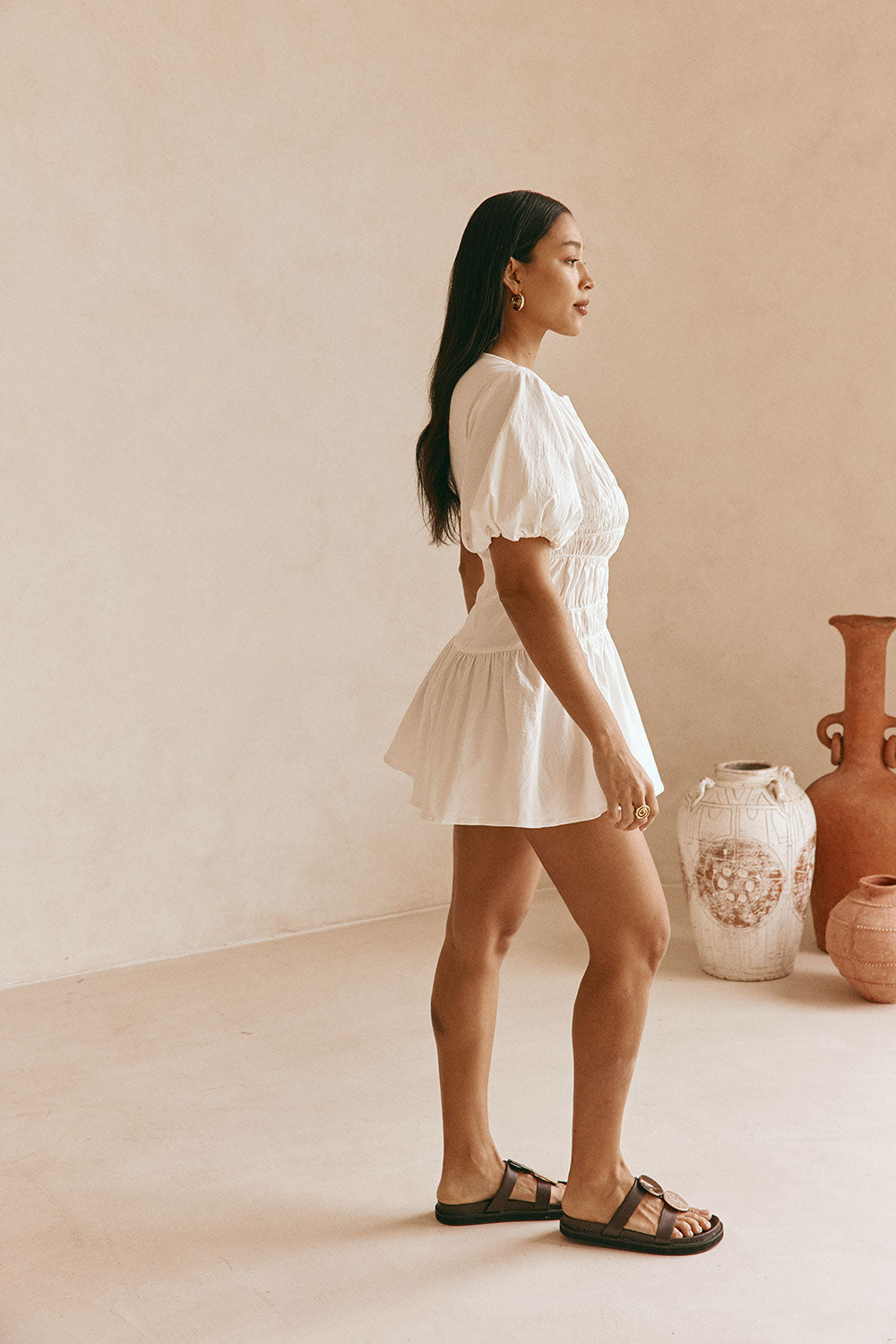 white mini cotton dress Princess Polly Matisse cotton deep shirred waist cami skater mini dress in white