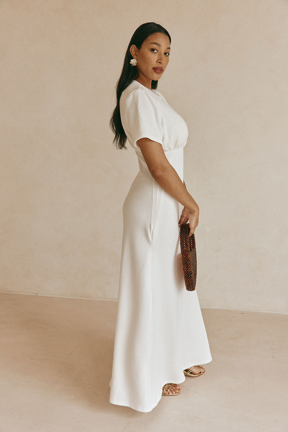 White Ribbed A Line Maxi Gizelle Dress S