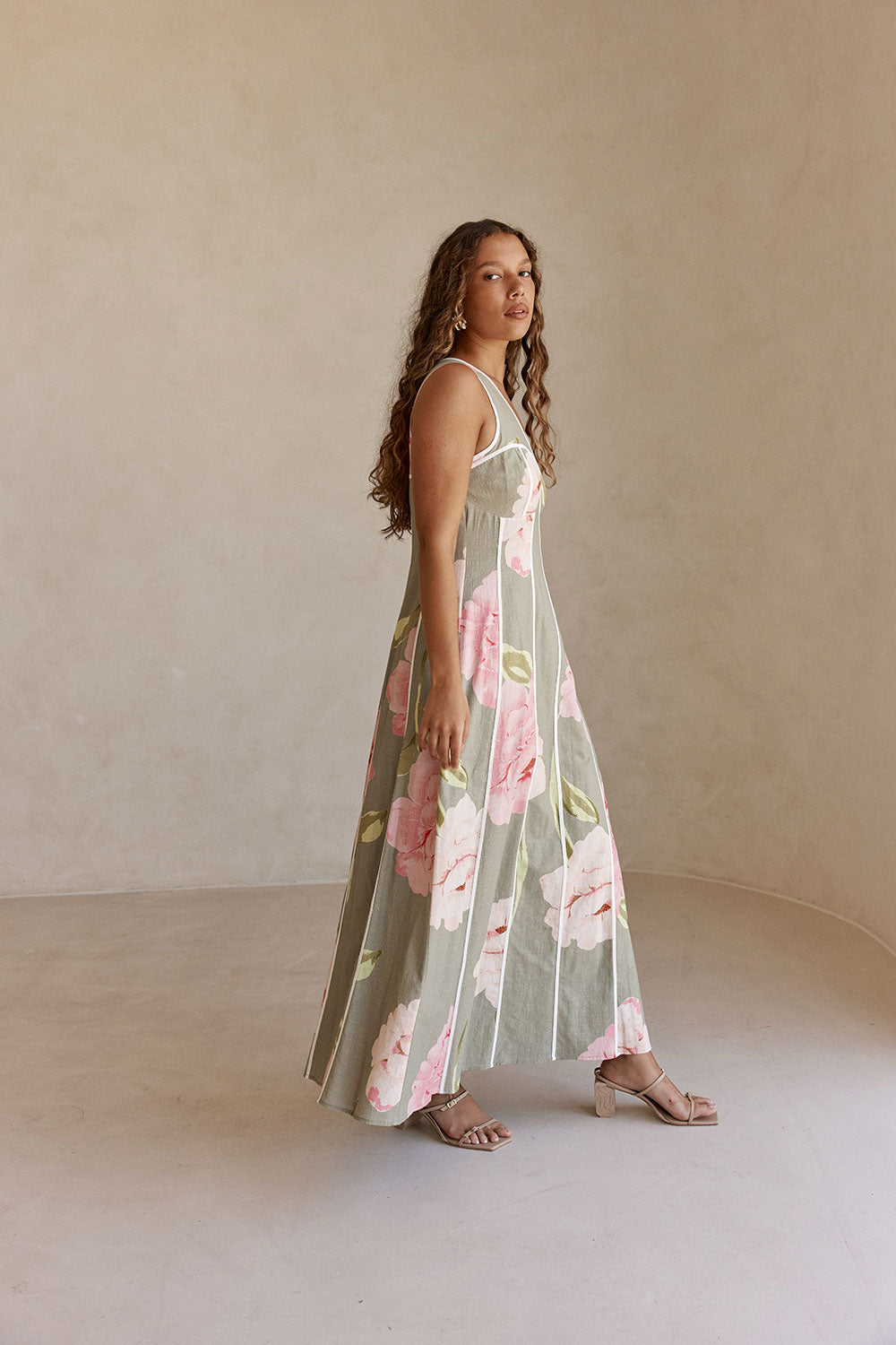 Fiori Green Floral Print V Neck Maxi Emory Dress – SABO