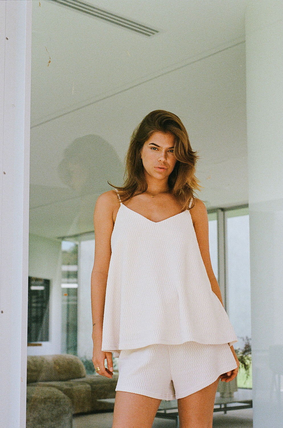 Beige V Neck Adjustable Strap Boston Top – SABO