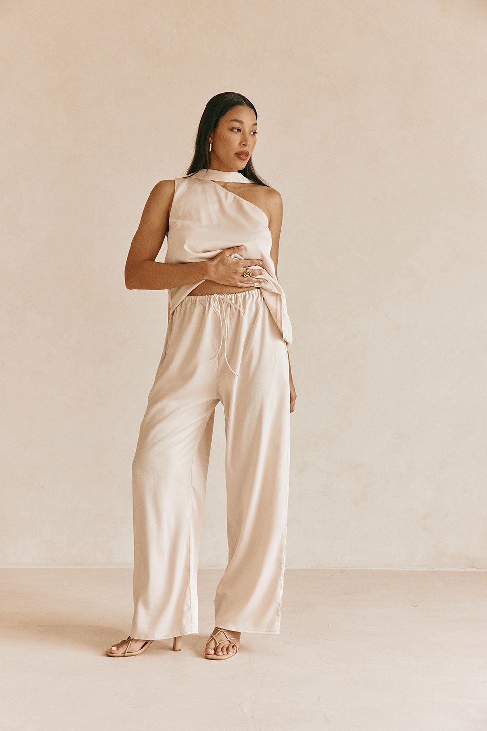 Beige Silky Elastic Drawstring Koda Pants – SABO