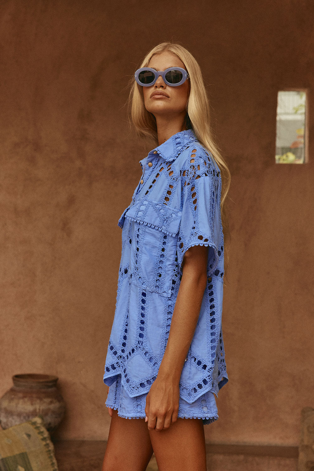 Blue Cotton Cutwork Button Up Alyce Shirt – SABO