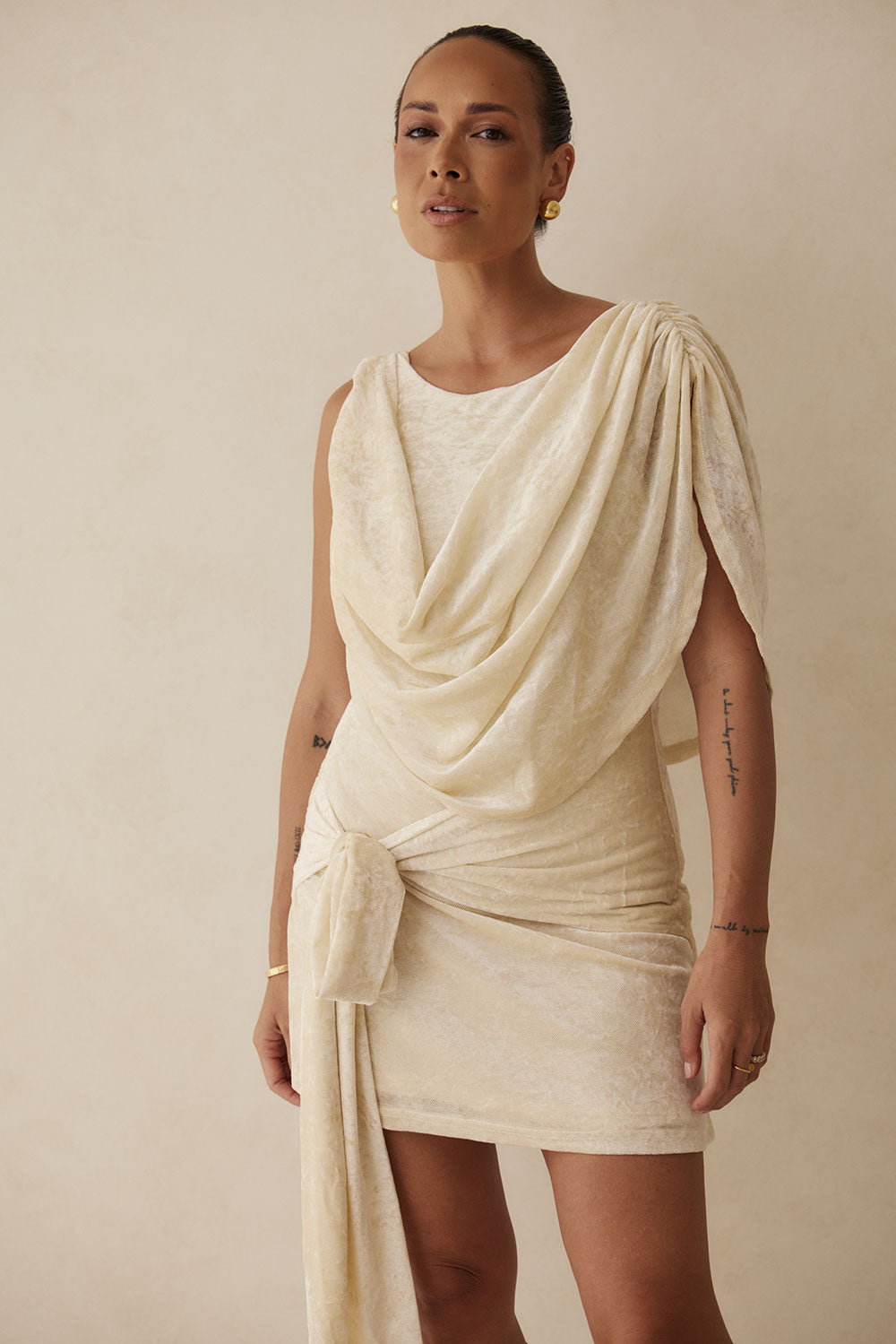 Beige Suede Plunge V Neck Tie Mini June Dress – SABO