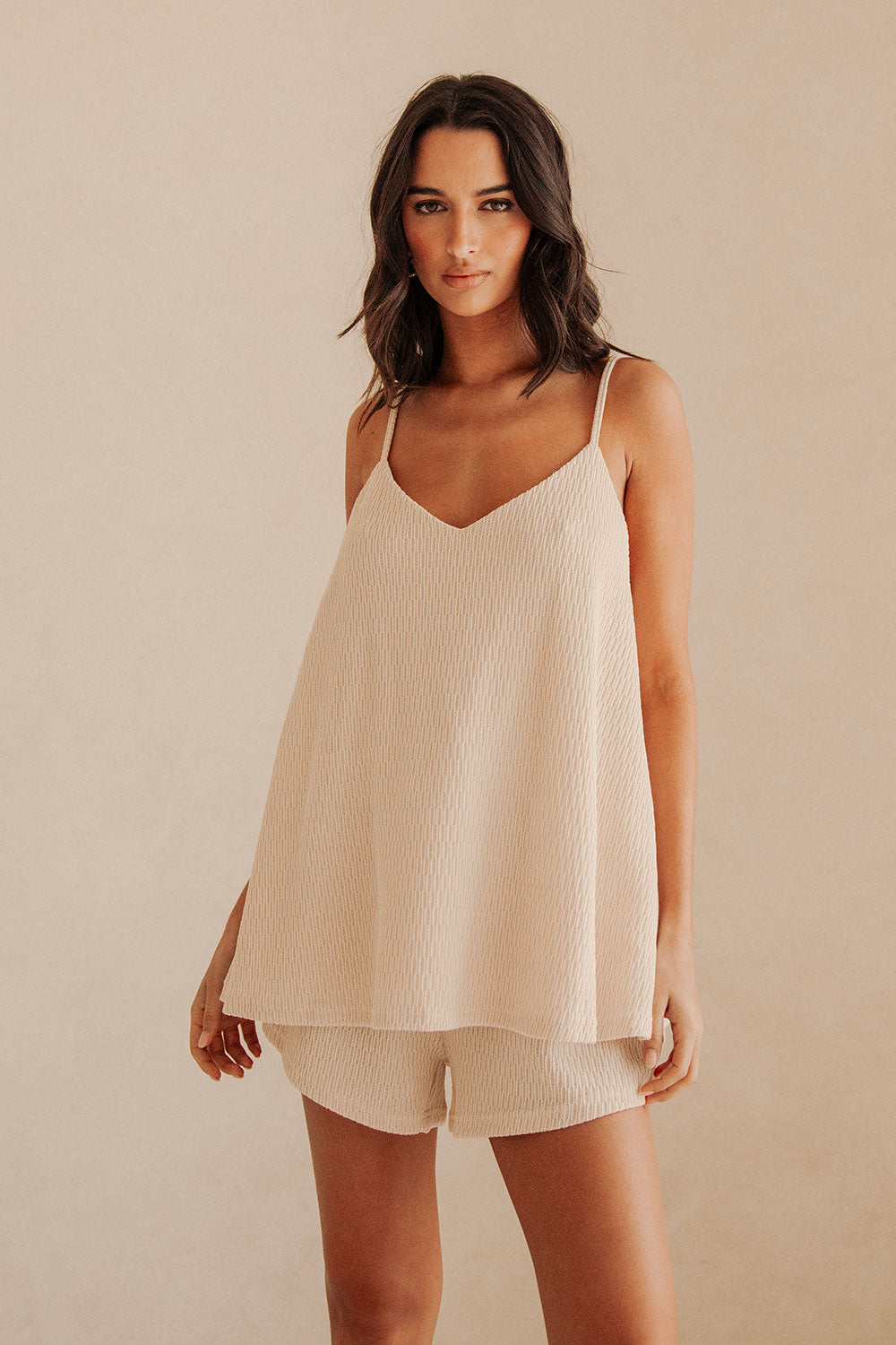 Beige V Neck Adjustable Strap Boston Top – SABO