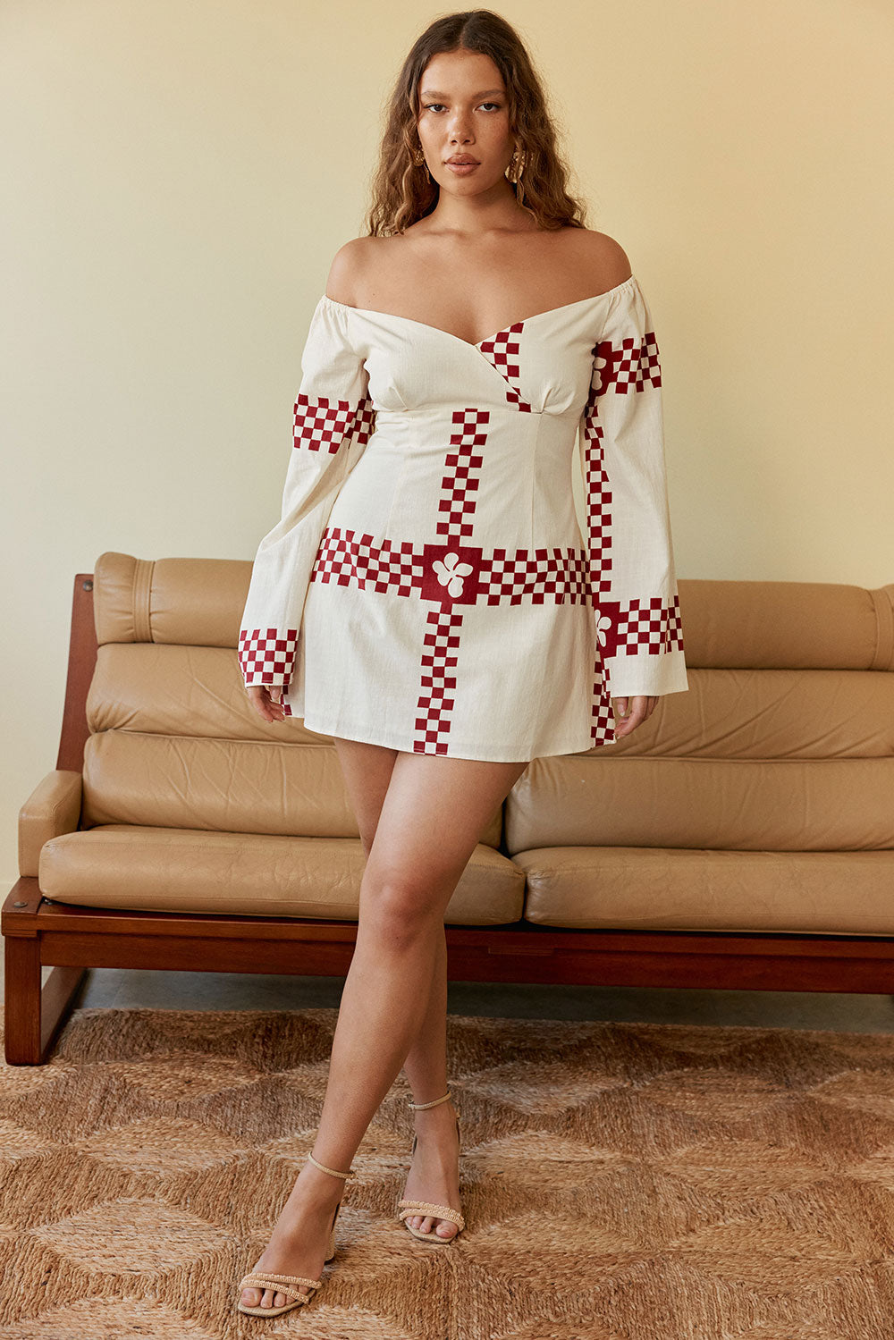 Red Checker Plaid Print Off Shoulder Long Sleeve Mini Layne Dress