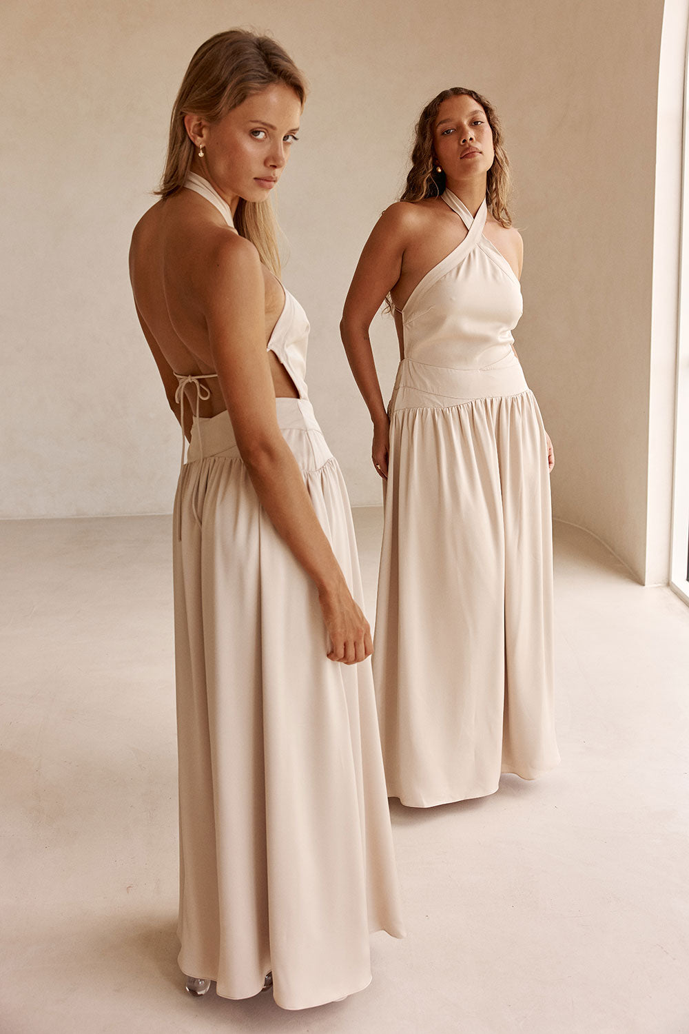 Beige Silky Halter Maxi Rani Dress – SABO
