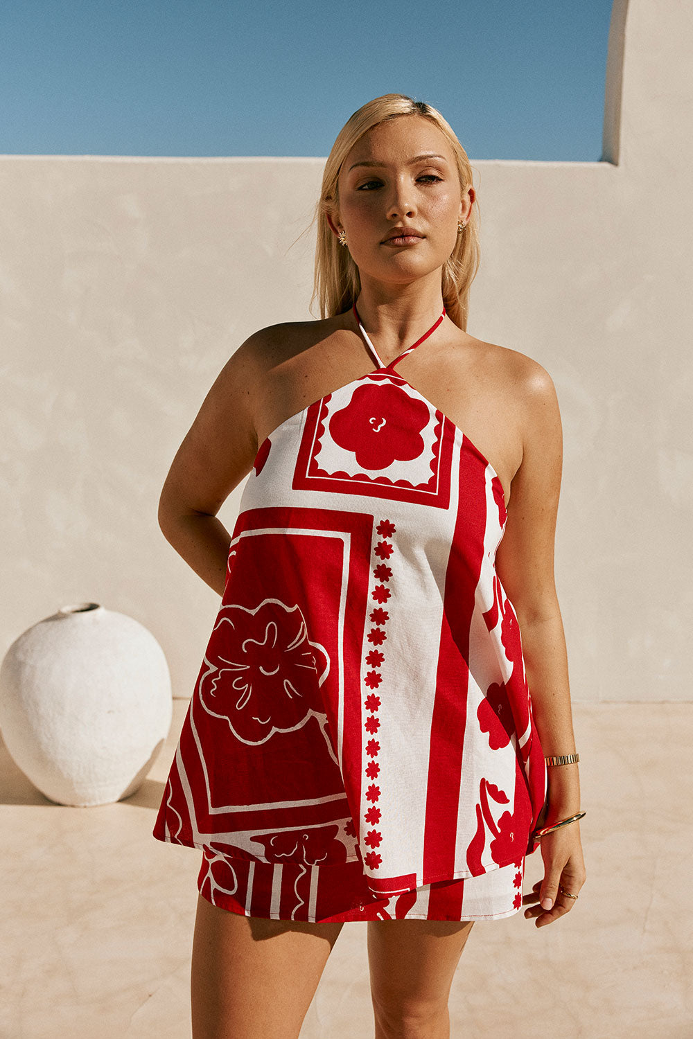 Red Voyage Print Halter A Line Mini Tasmin Dress – SABO
