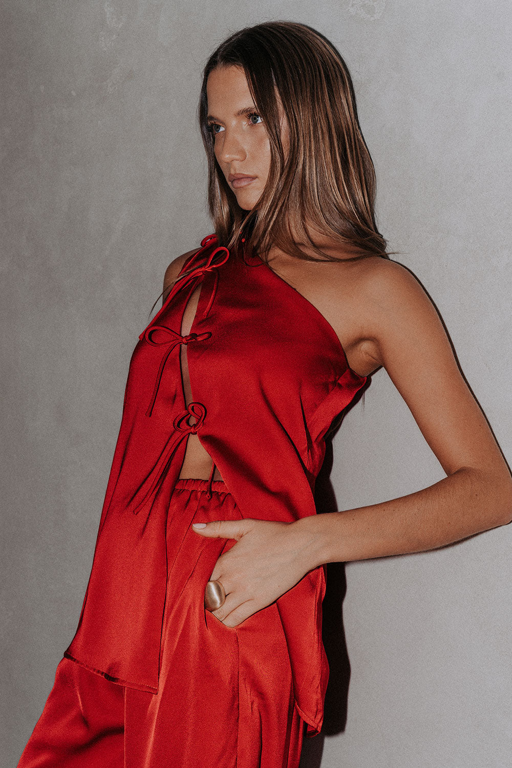 Red Backless One-Shoulder Front Tie Natalie Jumpsuit – SABO