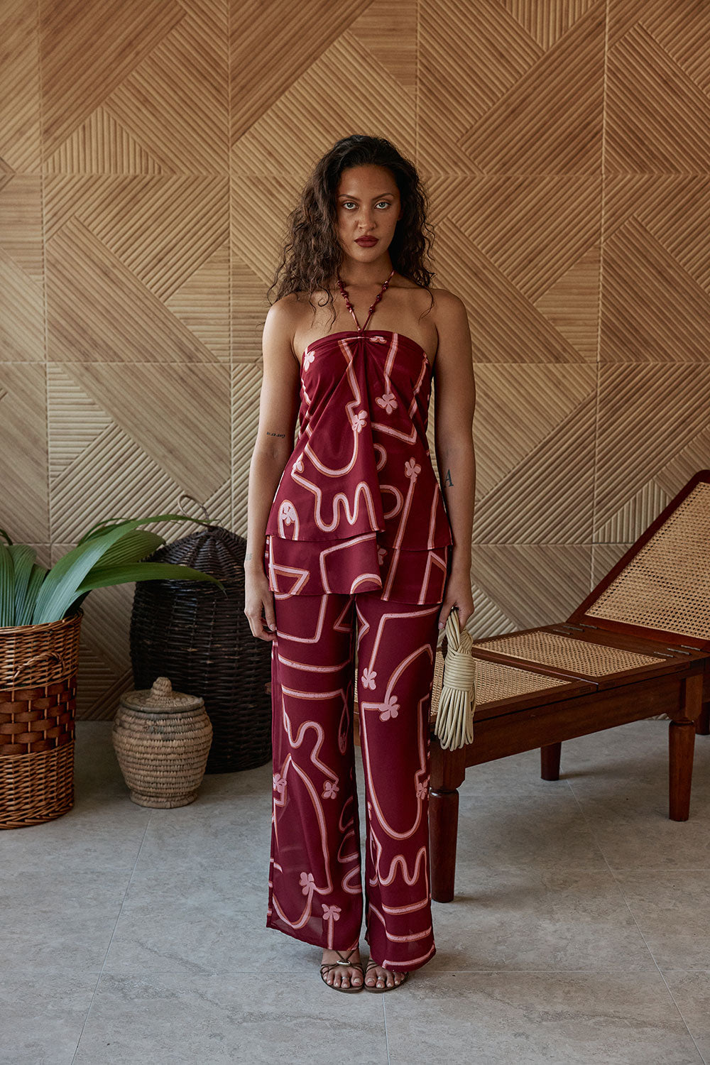 Red Cheri Print Elastic Drawstring Via Pants – SABO
