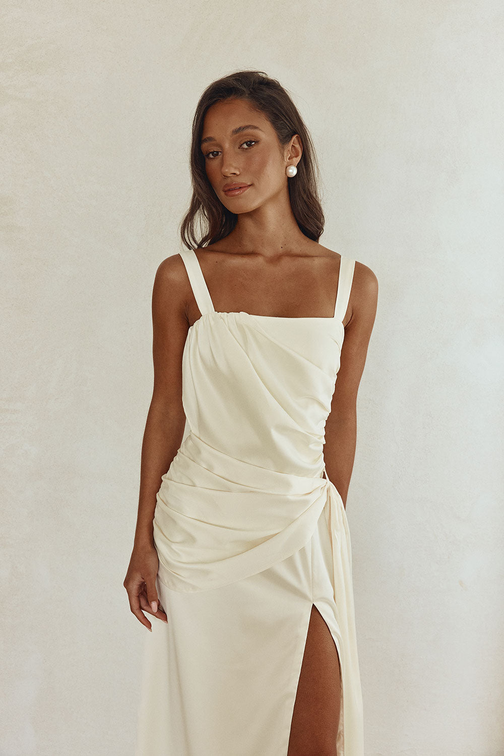 draped cream dress Cream Satin Draped Tie Mini Dress
