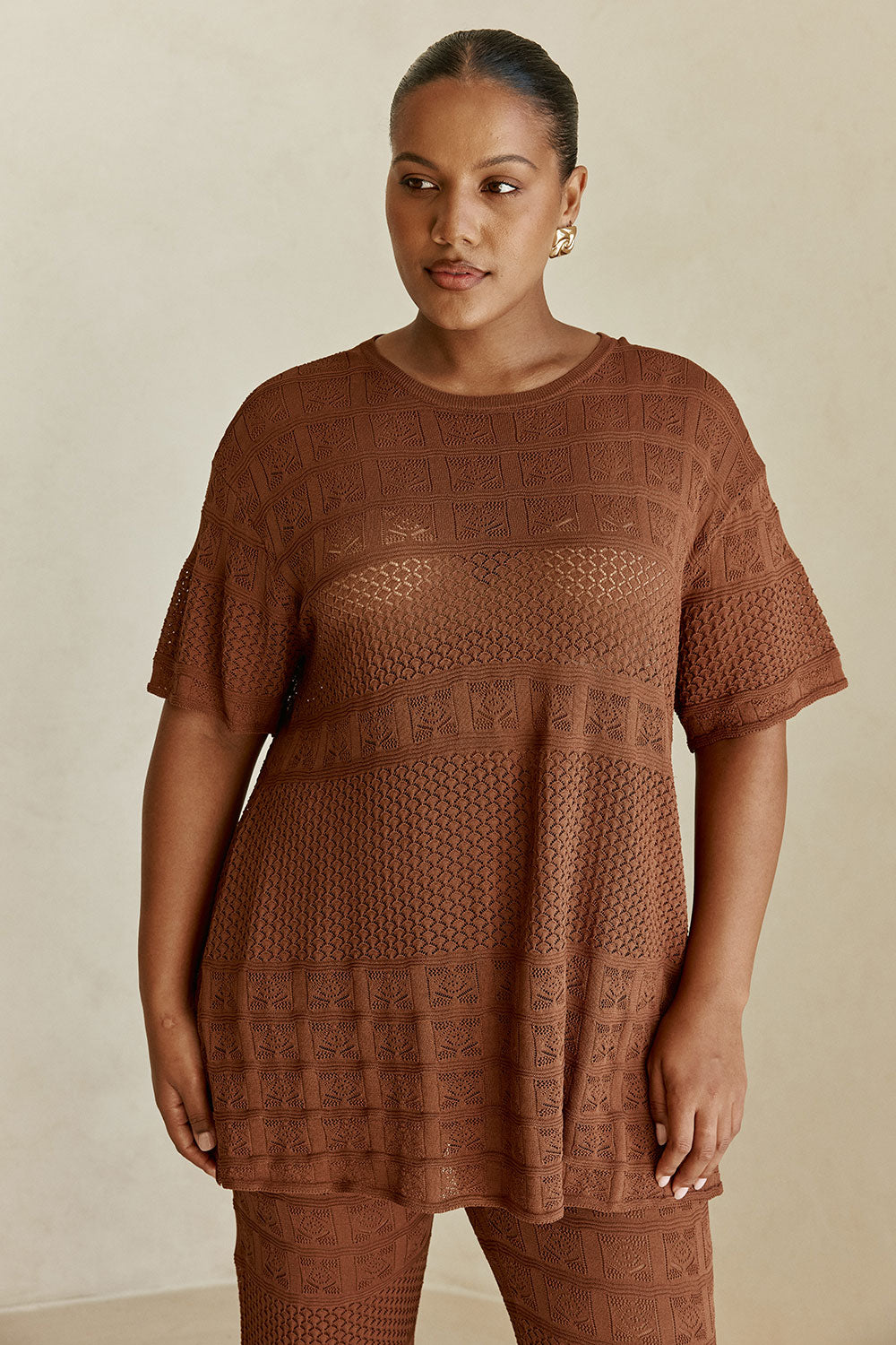 Chocolate Brown Crochet Knit Boxy Nixie T Shirt Top – SABO