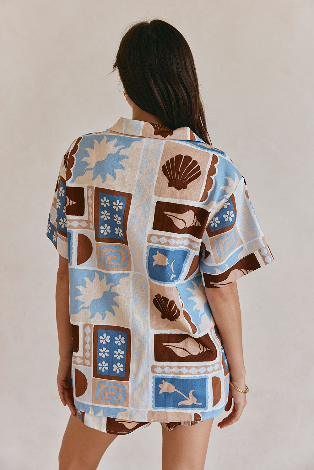 Blue Short Sleeve Button Up Collar Indra Top – SABO