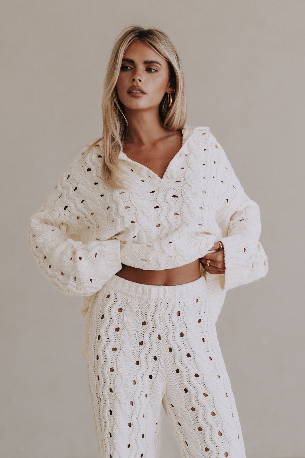 Cream Cable Knit High Waist Wide Leg Elana Pants – SABO